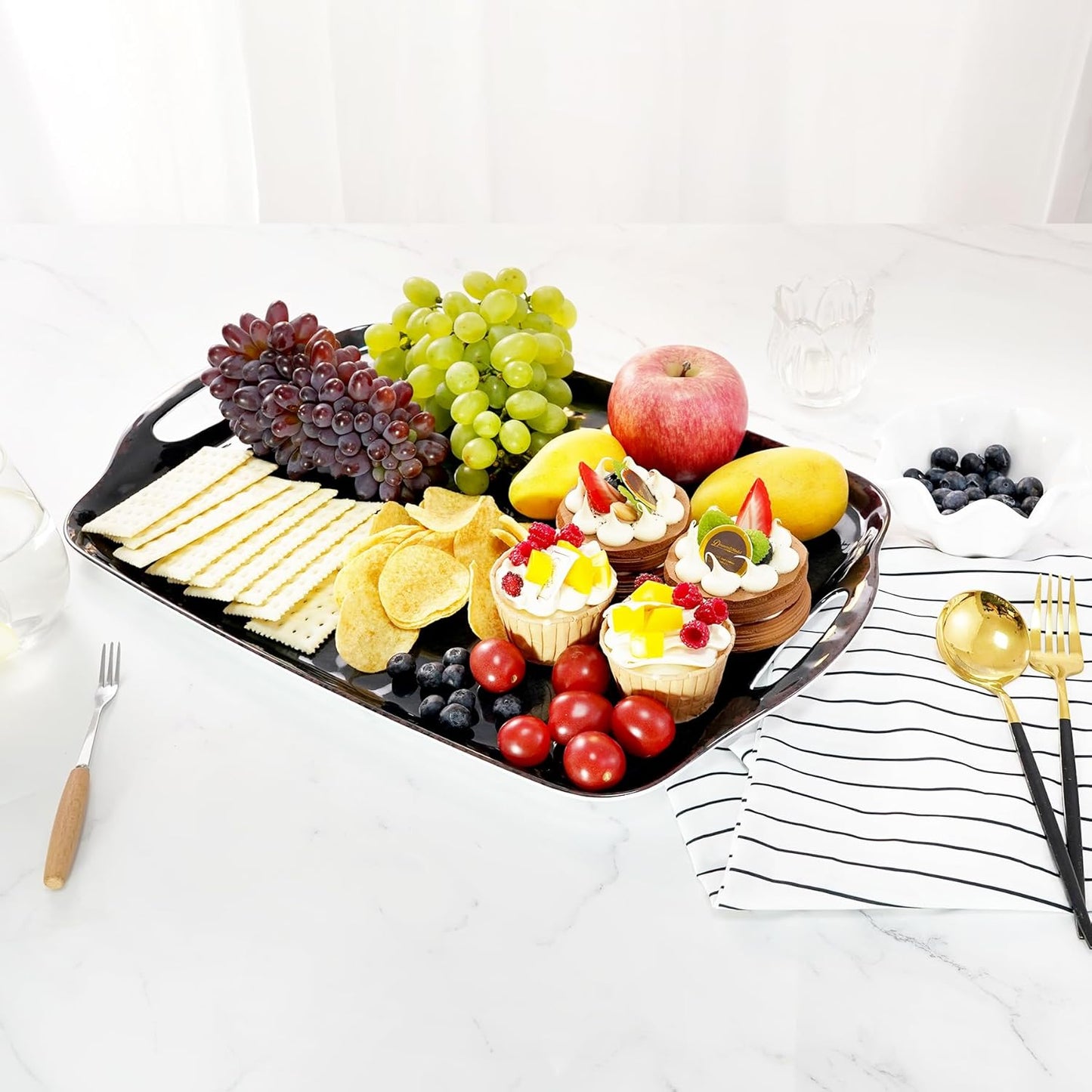 TP Serving Trays with Handles, 17 Inch Large Rectangular Melamine Serving Platter Set of 2, Retro Black