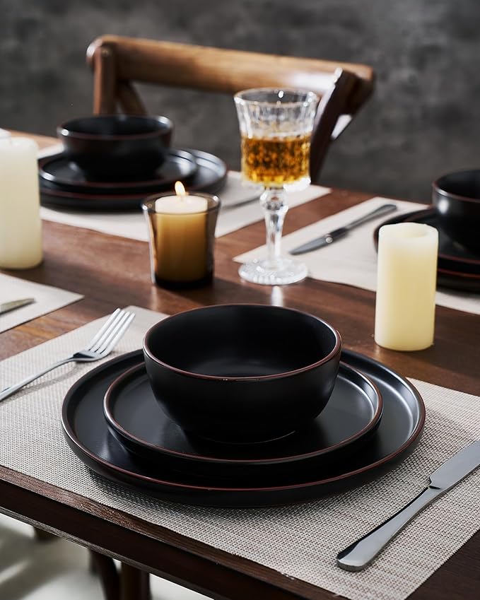Famiware Mercury Dinnerware Sets with Pasta Bowls, Service for 6 (24 Pieces), Stoneware Plates and Bowls Sets, Microwave and Dishwasher Safe Dishes Set, Matte Black