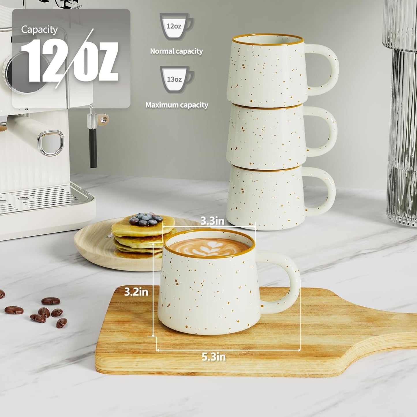 12 oz Coffee Mugs Set of 4, Modern Stackable Coffee Cups Set for Latte, Hot Tea, Cappuccino, Ceramic Coffee Mug Tea Cup, Dishwasher & Microwave Safe, Housewarming Wedding Present (Beige)