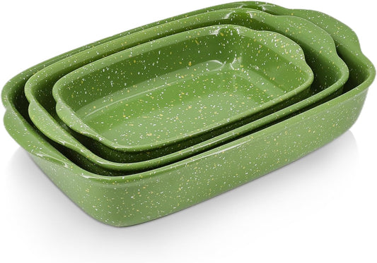 Ceramic Baking Dishes for Oven,Heavy Duty Bakeware Dish Set of 3, Rectangular Casserole,Lasagna Pan Deep,High Heat Resistant,Glazed Handcraft Speckle Series (13.8''/12''/9.6''Green)