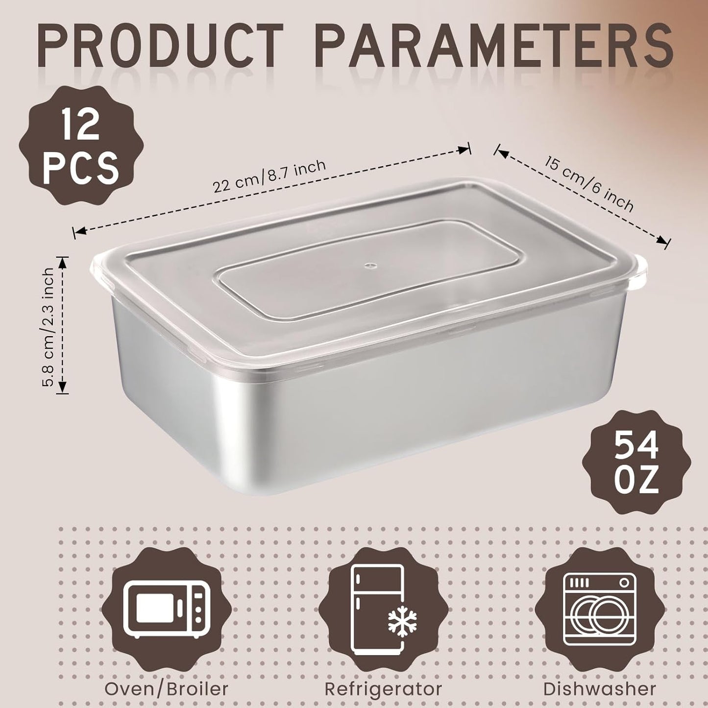 12 Pcs Stainless Steel Food Storage Containers with Brown Lids, 54 oz Metal Lunch Bento Box Reusable Stackable Meal Prep Container for Kitchen Picnic Travel, Freezer& Dishwasher Safe