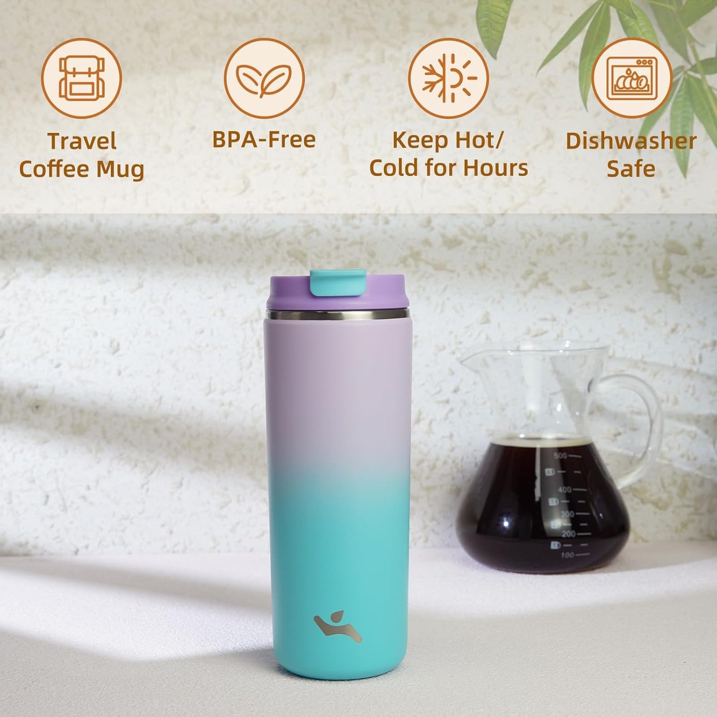 Tumbler with Lid, 16 oz Travel Coffee Mug Double Wall Vacuum Stainless Steel Thermal Metal Cup Insulated Water Bottle,Lavender Green