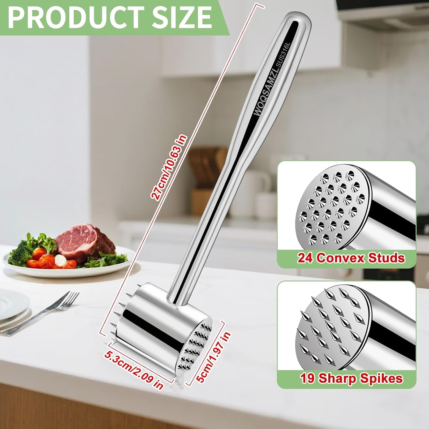 Real 316L Stainless Steel Meat Mallet Tenderizer Tool,Professional 2-in-1 Meat Hammer,Dual-Sided with Spikes & Studs,Commercial Grade Kitchen Solid Mallet Pounder, Heavy Duty 1.09LB,Dishwasher Safe