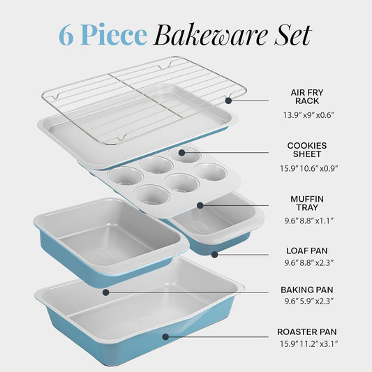 Gotham Steel 6 Pc Stackable Baking Pans Set, 70% Space Saving Design, Ceramic Bakeware Sets Non Toxic Made Without PFOA PFOS, with Baking Sheet Tray, Cake & Muffin Pans, Oven & Dishwasher Safe