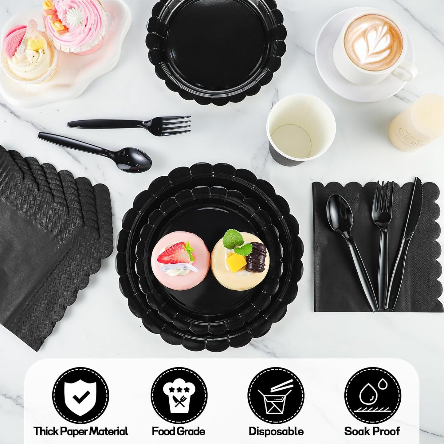 175 Pcs Black Plates and Napkins 25 Guest Halloween Plates Set Black Party Supplies Includes Scalloped Party Plate Napkins Cups Plastic Cutlery for Birthday, Halloween, New Year