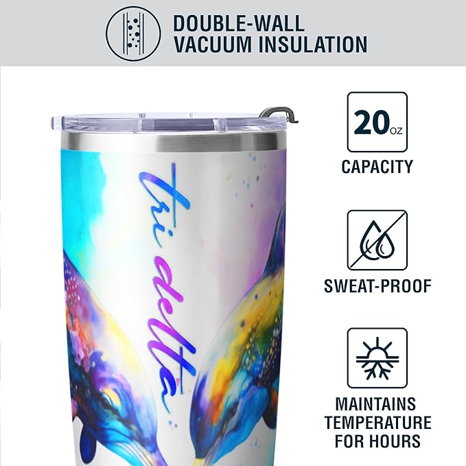 Tri Delta Sorority Paraphernalia - Official Vendor - 20 oz Stainless Steel Insulated Sublimation Tumblers - Dolphins Rainbow