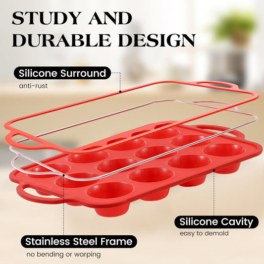 2 Pcs Silicone Muffin Pan for Baking with Metal Frame, Nonstick 12 Cup Regular Size Cupcake Pan, Silicone Muffin Tray for Egg Bites (Red)
