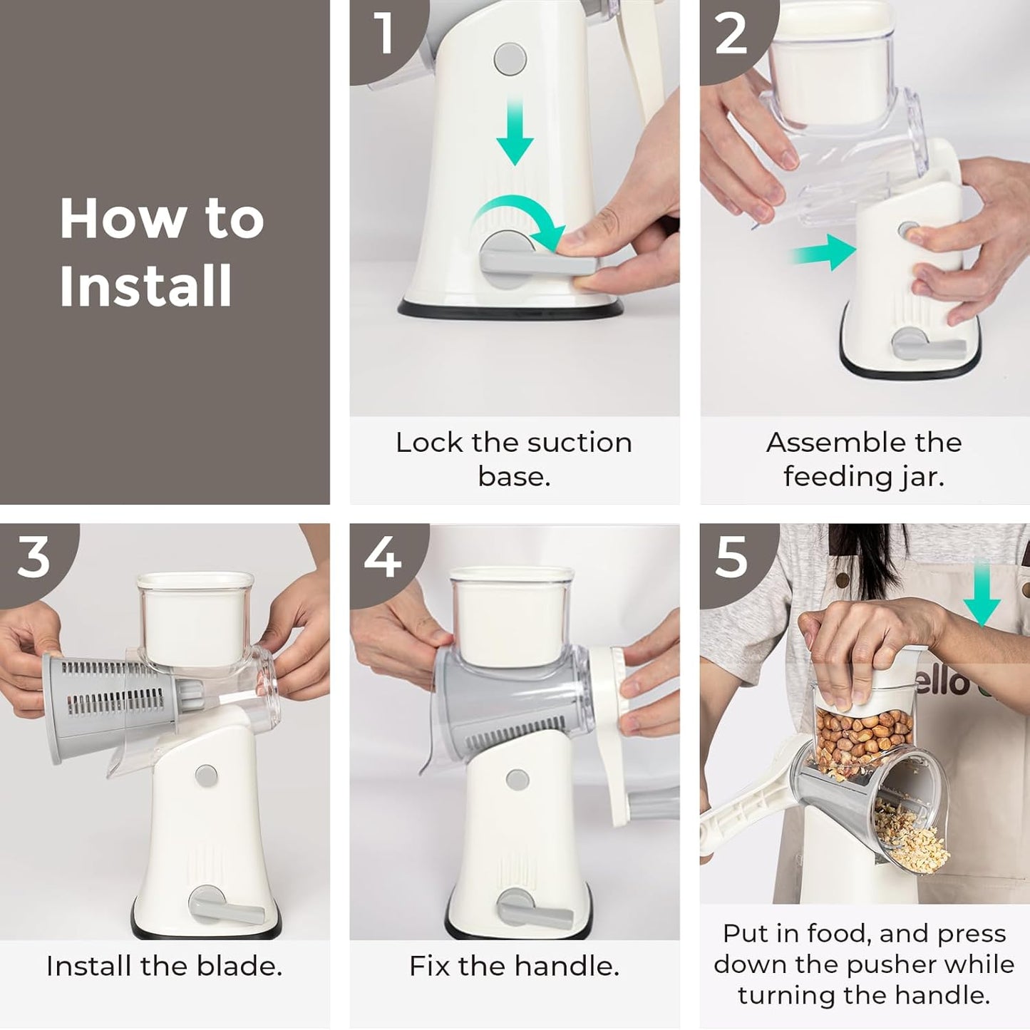 X Home 5-in-1 Rotary Cheese Grater for Kitchen, Upgraded Hand Crank Shredder with Stronger Suction Base & Multifunctional Drum Blades, for Cheese, Vegetables and Nuts, Easy to Use and Clean, White