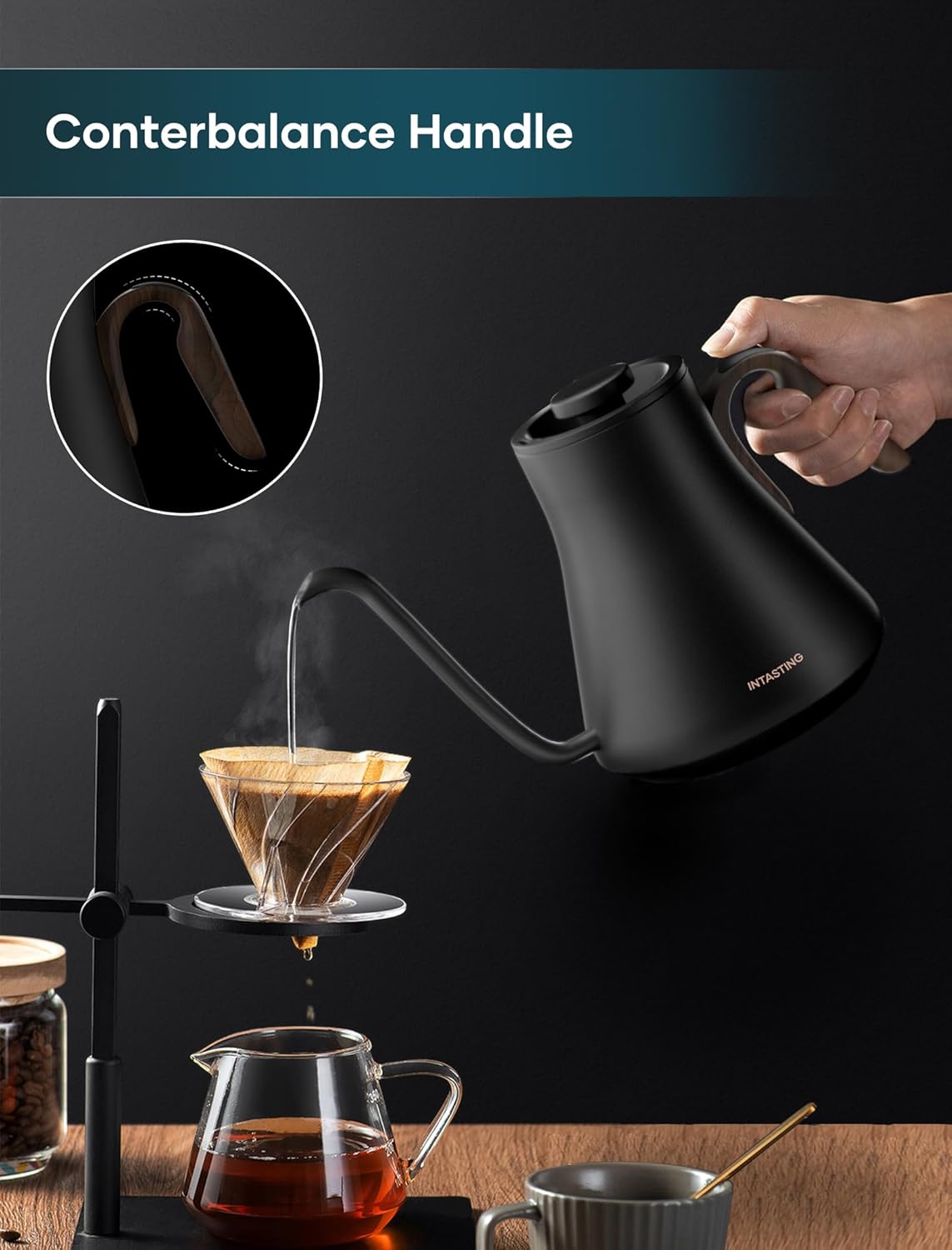 Electric Kettle, Gooseneck Electric Kettle, ±1℉ Precise Temperature Control, Stainless Steel Interior, Quick Heating for Pour Over Coffee, Tea & Boiling Water, 0.9L (Wood Black)