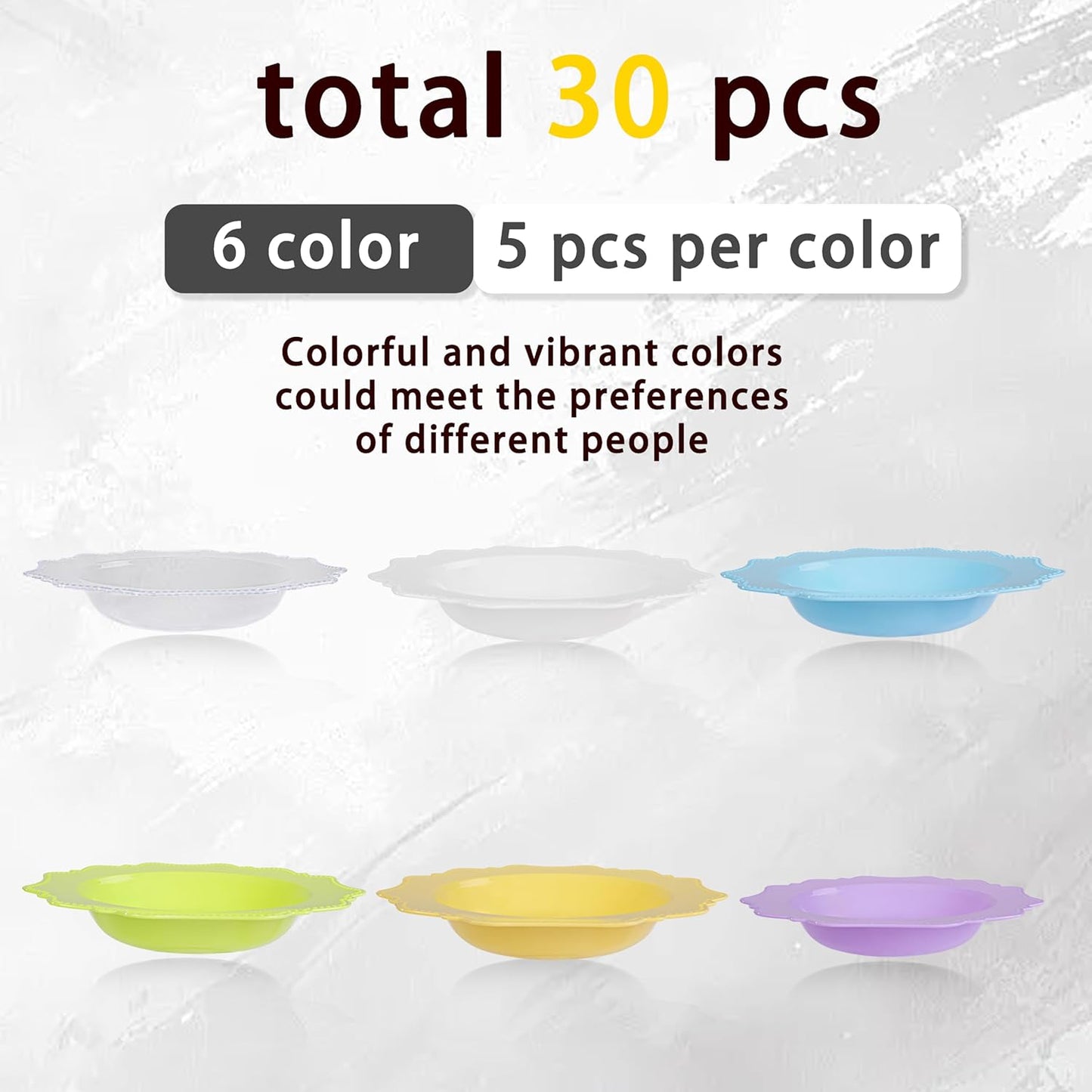 COLOSUS Plastic Multi-color Bowls (30 Pack) 12 Oz Disposable for Party Dessert/Salad Bowl, Fancy Shatterproof Dinnerware for Catering, Holidays, Children Party, and Everyday Use