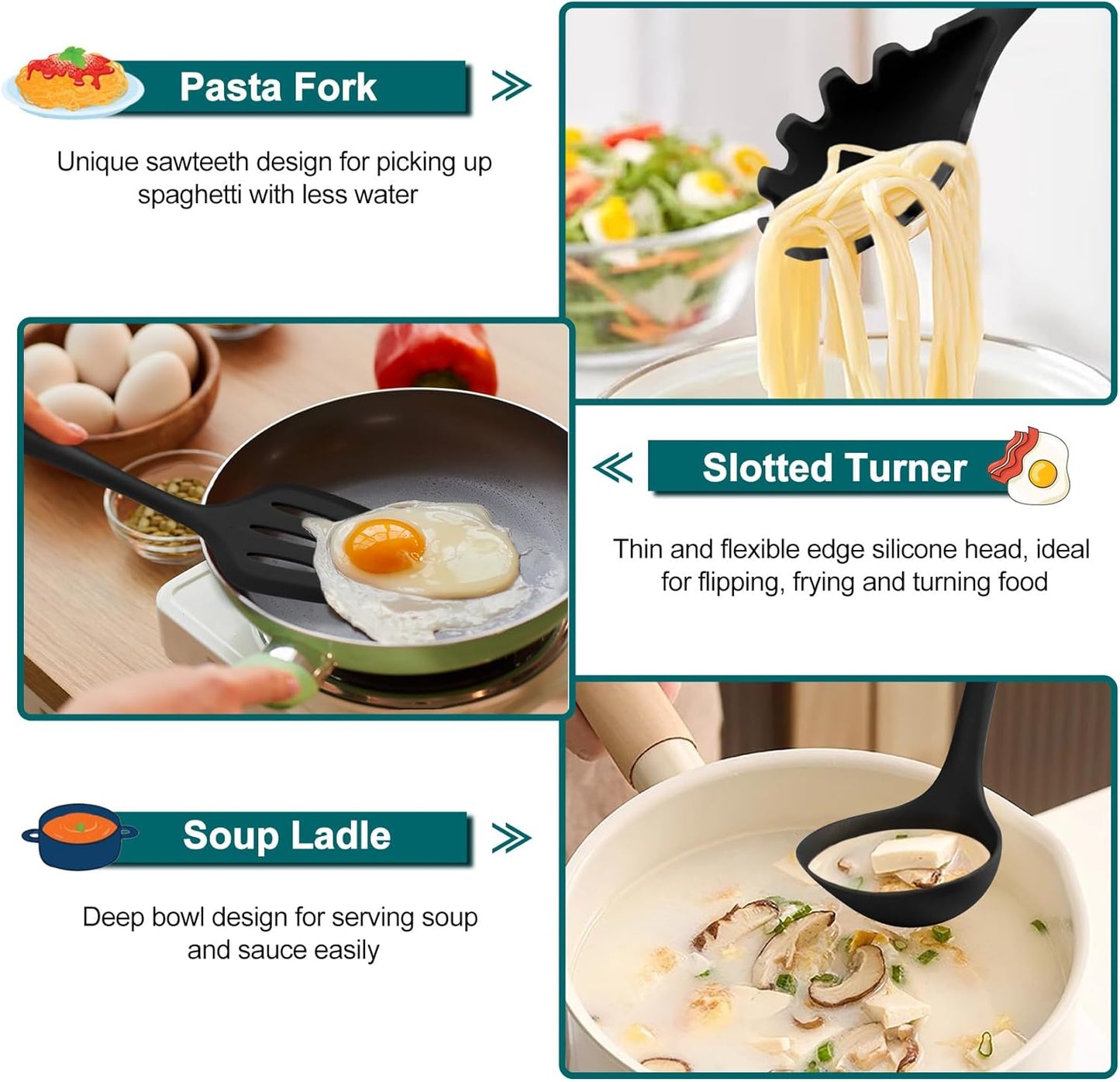 TeamFar Silicone Cooking Utensil Set of 7, Black Kitchen Nonstick Tools Turner Spoon Spatula Ladle Pasta Server for Nonstick Cookware, Healthy & One-Piece, Anti-Heat & Dishwasher Safe
