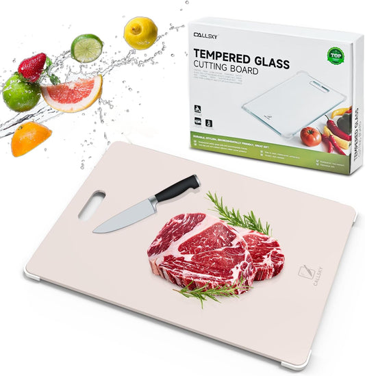 Tempered Glass Cutting Board Set, Large 16"x12" Glass Cutting Board for Kitchen with 4 Non-Slip Feet,Heat & Shatter Resistant Glass Cutting Board Dishwasher Safe, Perfect Kitchen Gift & Decor - Beige