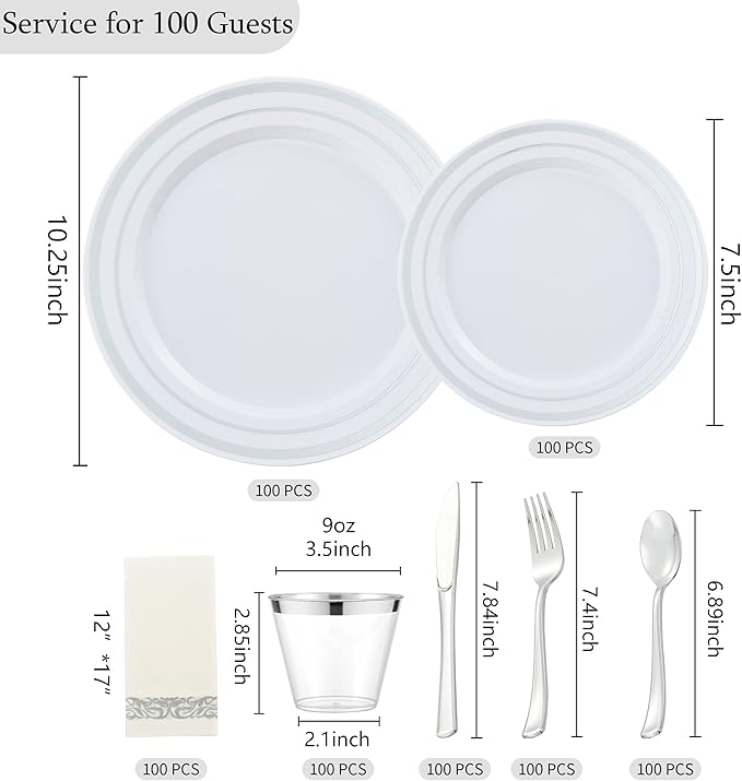 350 PCS Silver Plastic Dinnerware for 50 Guests,Silver and White Disposable Plates for Party Wedding with Napkins, 50 Dinner Plates, 50 Dessert Plates, 50 Silverware Set, 50 Cups