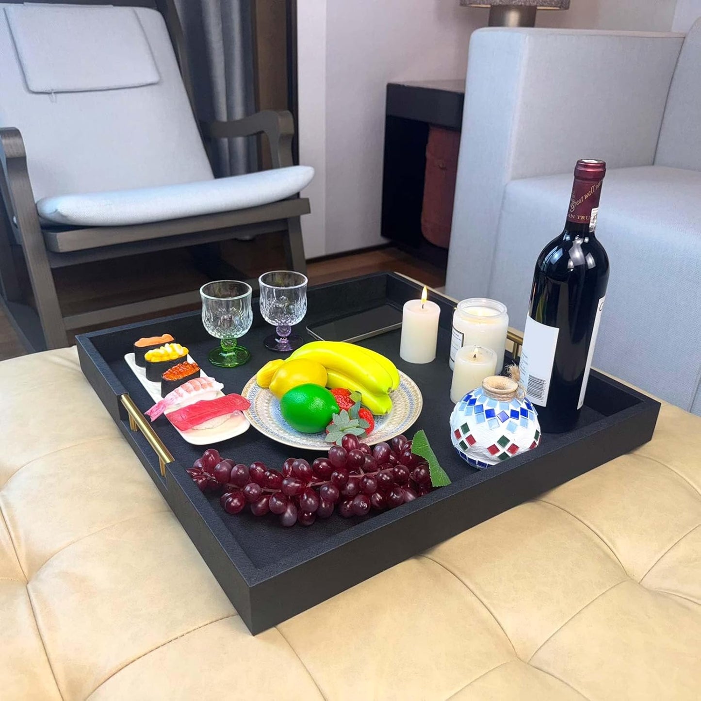 20x20 Inches Large Black Faux Leather Wrapped Wood Ottoman Tray with Handles for All Occasions, Serving Food Breakfast On Bed, Home Decor Decorative, Living Room,Square Coffee Table Organizer