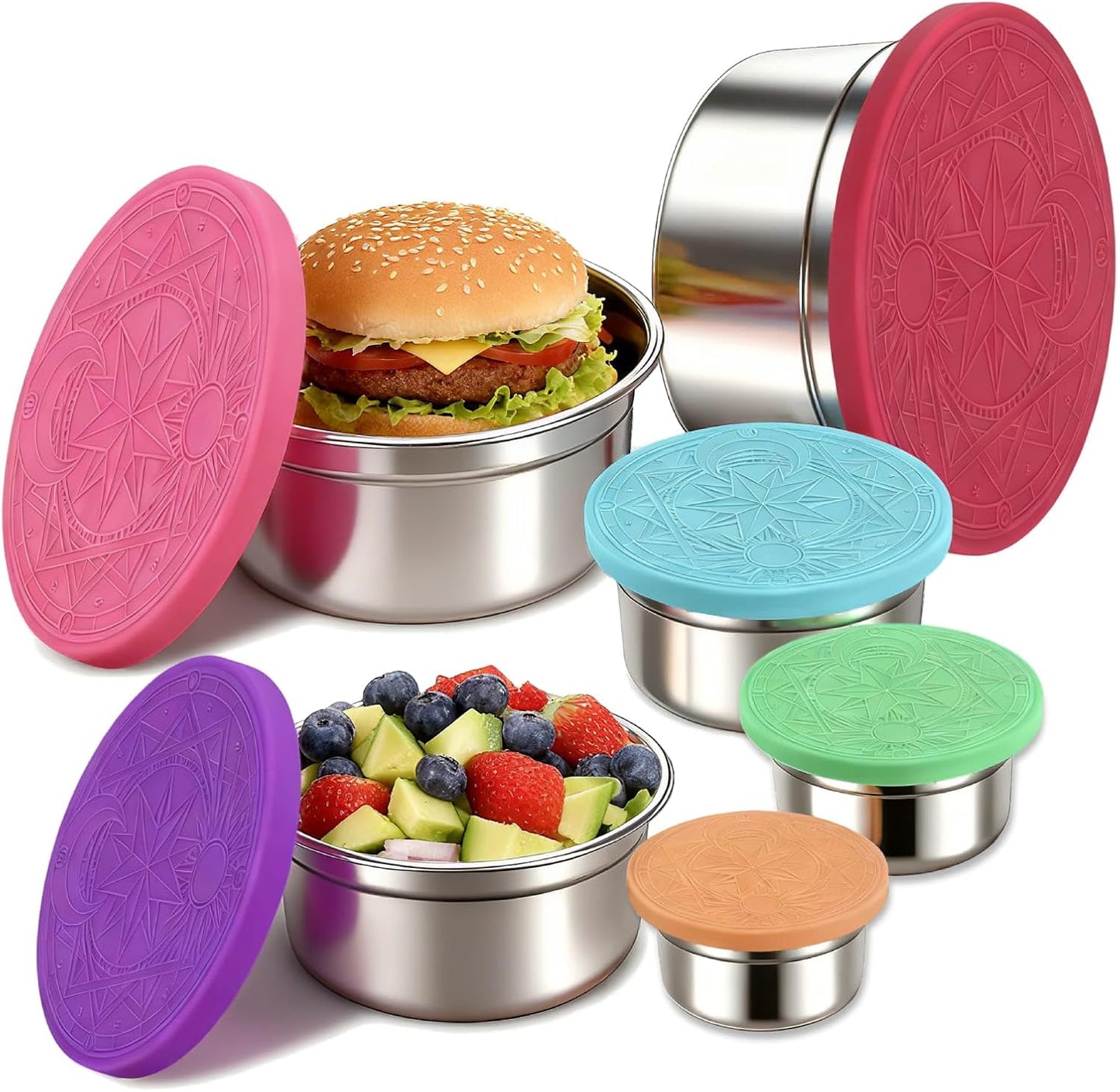 6 Pack Reusable Stainless Steel Snack Containers with Lids Set, Round Nesting Salad Dressing Container To Go, Metal Food Storage Containers for Lunch Box Meal Prep Bowls (Size 38, 24, 12, 6, 4, 2oz)