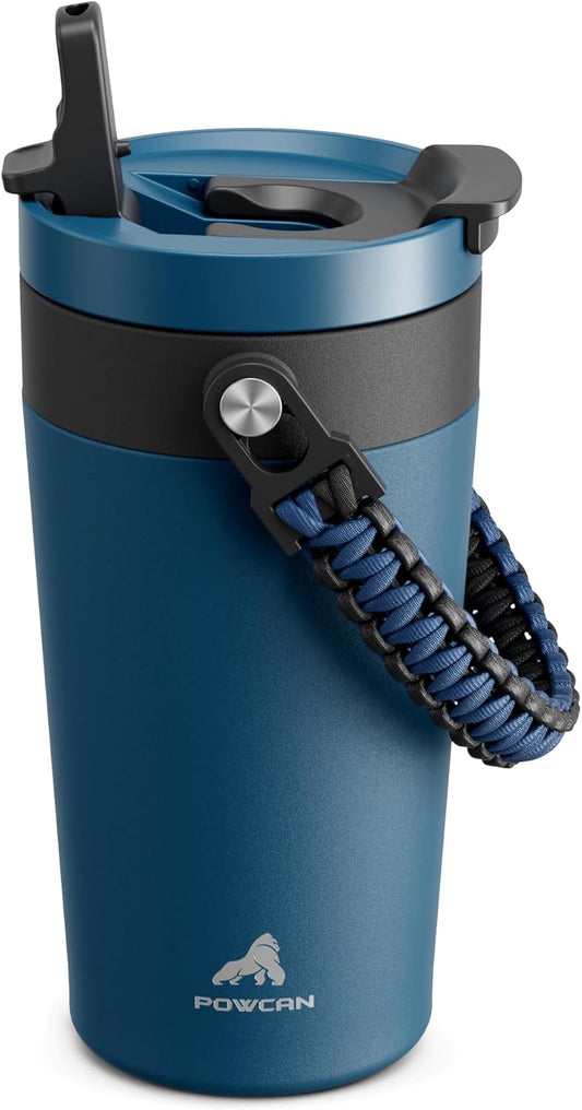 16 oz Insulated Coffee Mug for Work: 2-in-1 Straw Flip Lid, Keep Cold 24H, Fit in Car Cupholder, Leakproof, Stainless Steel Coffee Tumbler with Handle for Travel, Outdoor, Camping and Gifts (Deepsea)