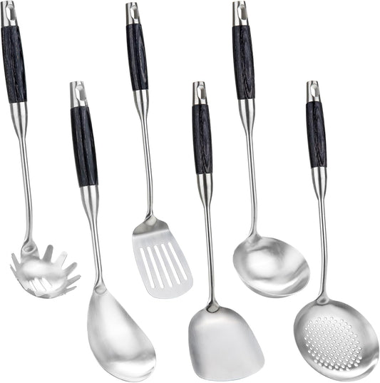 FJNATINH Stainless Steel Kitchen Utensils, Set of 6 Cooking Tools with Wooden Handle, Wok Spatula, Soup Ladle, Skimmer Spoon, Slotted Spatula Turner, Spaghetti Server, Solid Spoon