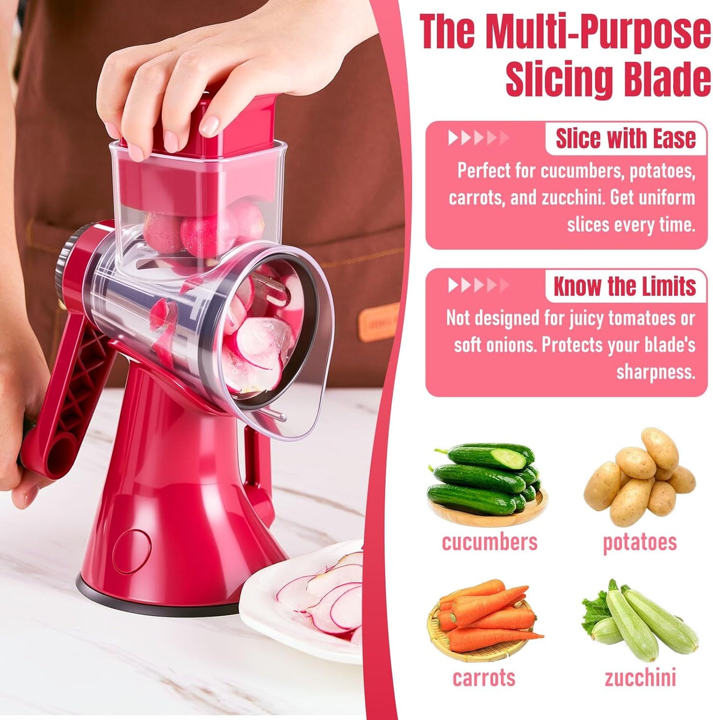 Rotary Cheese Grater & Vegetable Slicer, 3 in 1 Kitchen cheese Shredder Interchangeable Blades with 3 Stainless Steel Blades & Strong Suction Base, Easy Clean Food Grinder for Cheese, for Fruit