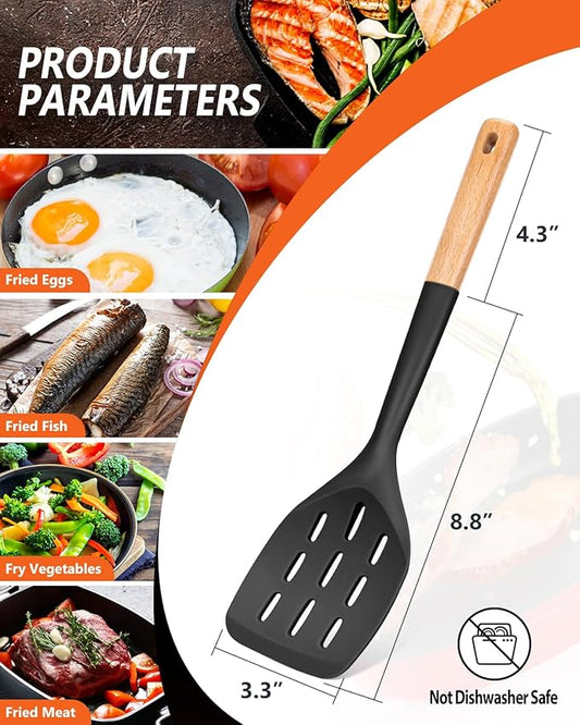 Pack of 2 Silicone Spatula, Non Stick Cooking Utensil Set Wooden Handle Kitchen Turner for Baking Mixing Grilling Serving Food Heat Resistant Non Scratch Hooks Included (Black)