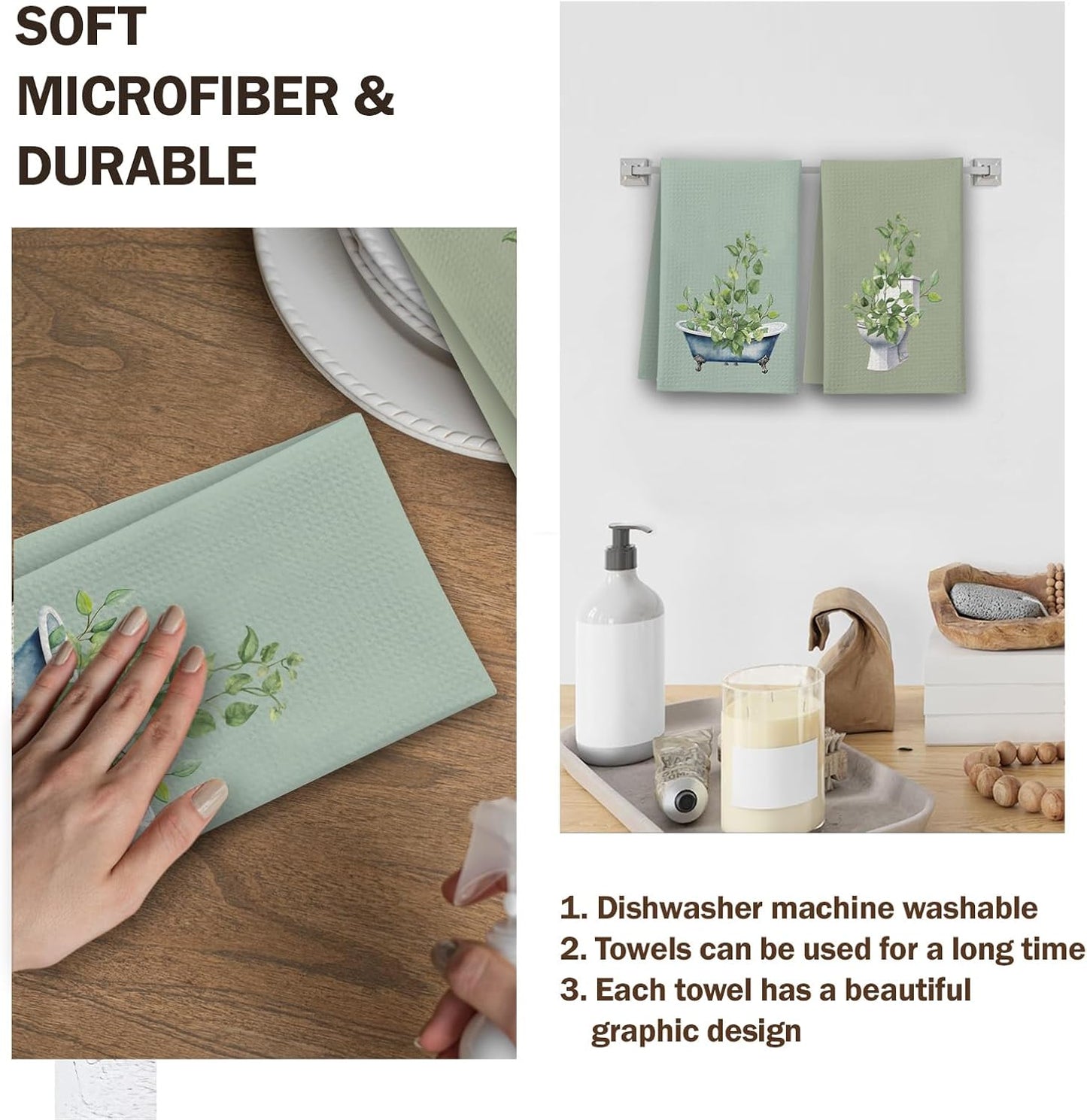 Sage Green Kitchen Towels, Leaves Toilet Bathtub House Hand Towel Set of 2, Farmhouse Gifts for Home Bathroom Holiday Decor - A10