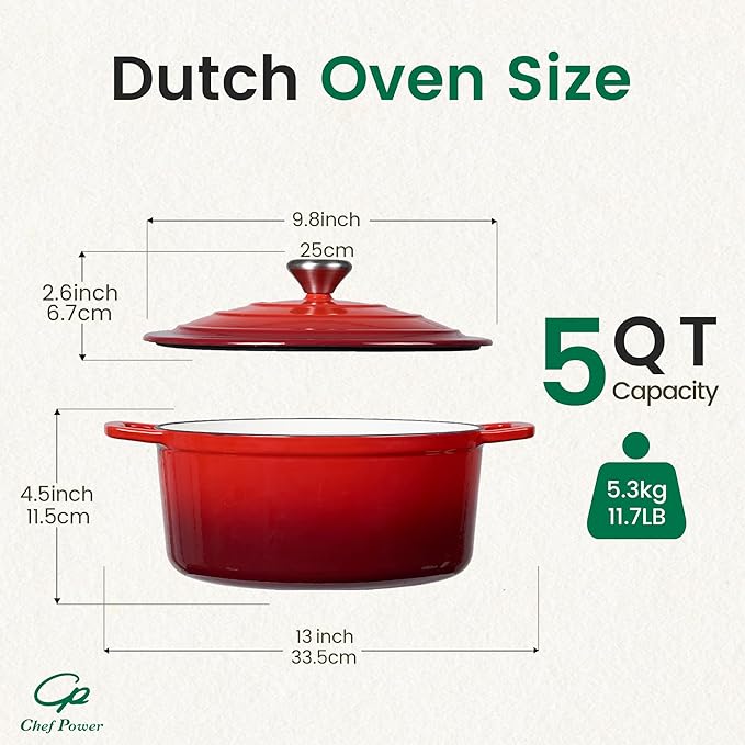 Chef Power Dutch Oven Pot with Lid 5QT, Enameled Cast Iron Dutch Oven for Bread Baking, Braising, Stews, Roasting, Oven Safe Dutch Ovens, Gradient Red