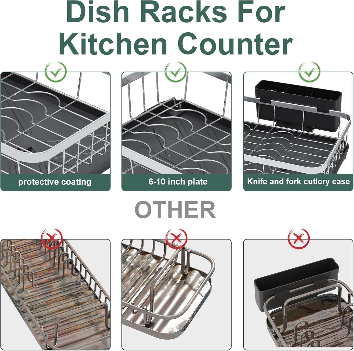 LIYI Dish Rack for Kitchen Counter,Stainless Steel Drying Rack,304 Stainless Steel with Drainage Plate,Large Capacity Utensil Storage System,Intelligent Drainage and Deflector Structure,Black