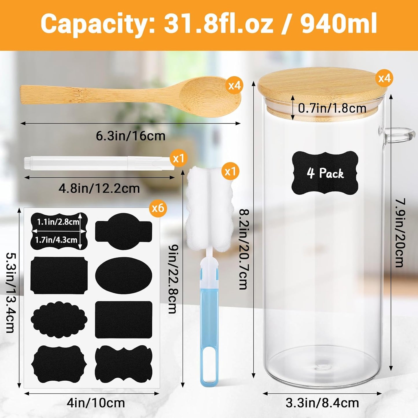 Glass Storage Jars with Airtight Lid - 4 Pack 31 Fl.oz Round Glass Jar with Bamboo Lids and Spoon, Includes Labels, Marker and Brush, Pasta Storage Containers, Cereal, Flour, Rice Canister