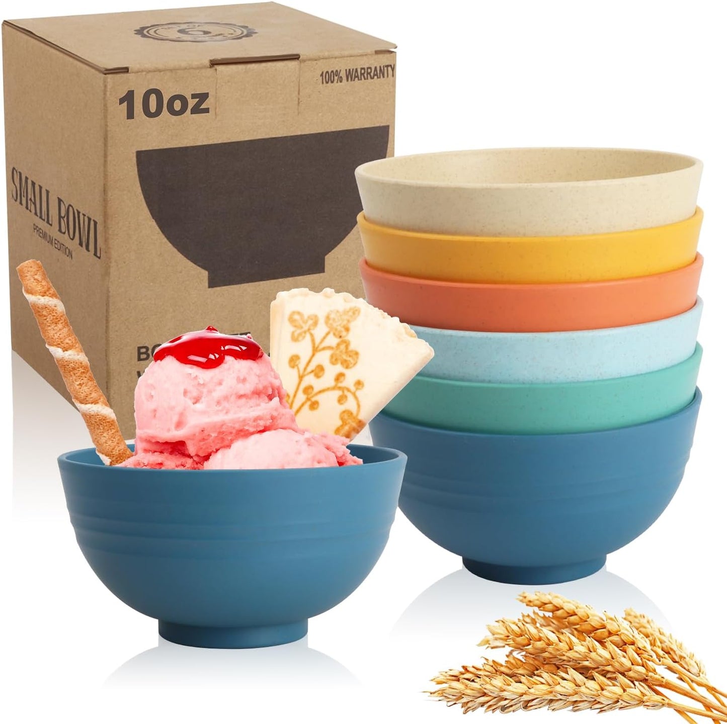 Wrova Handy Wheat Straw Bowls Set of 6,Unbreakable Ice-Cream Bowls Sets for Kids,10oz Small Dessert Bowls for Kitchen,Camping and RV.Vibrant Series