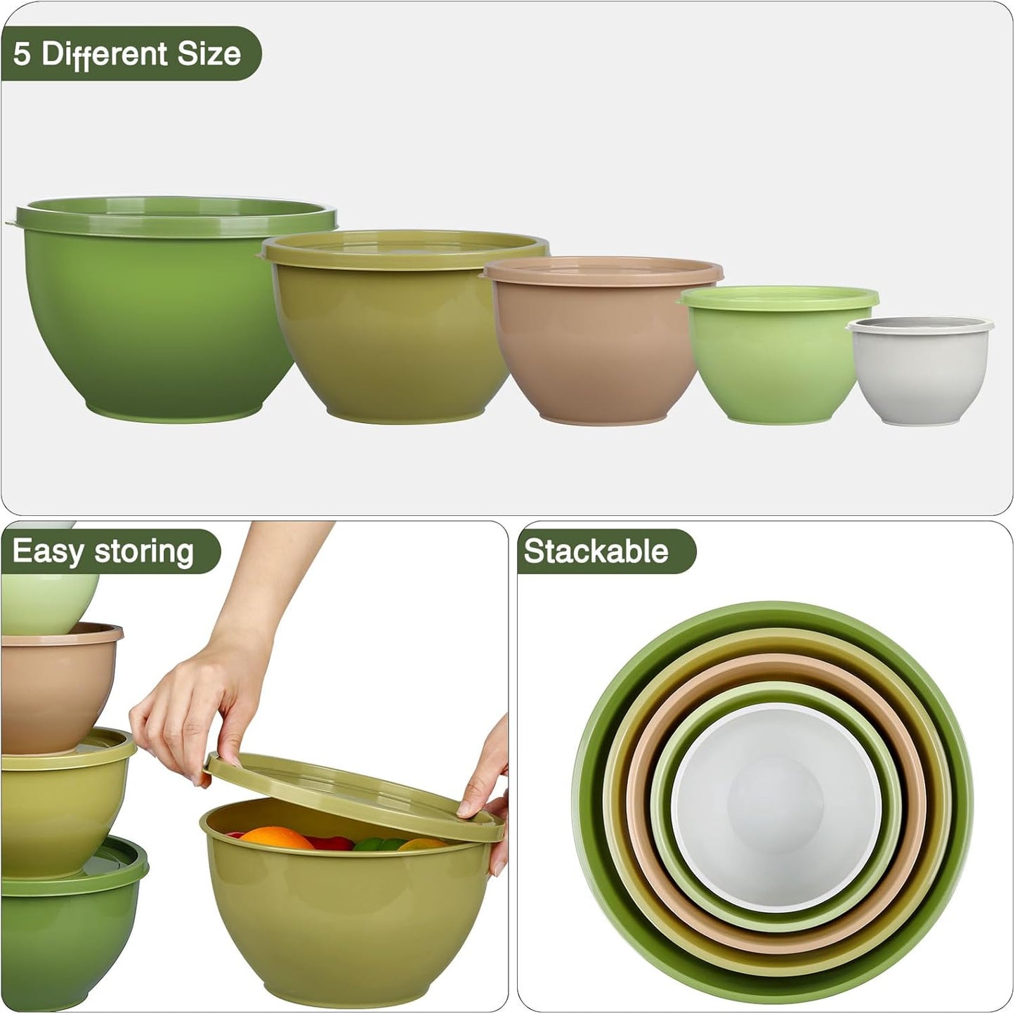 5-Piece Plastic Mixing Bowls with Lids Set for Kitchen, Nesting Bowls for Mixing, Baking, Prepping, Cooking and Serving Food, Mixing Bowls Dishwasher, Microwave Safe (5 Set-Green)