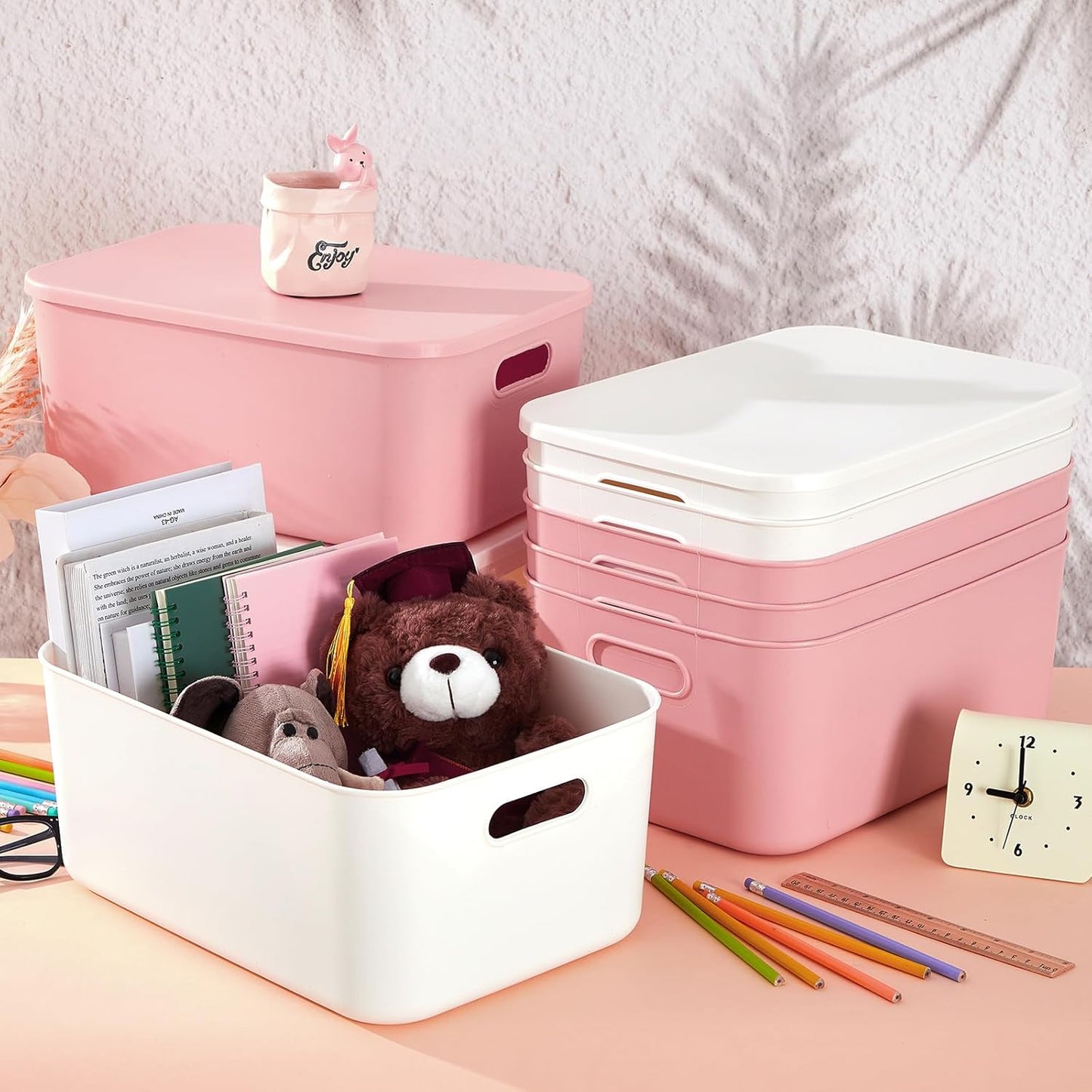 Hoolerry 8 Pieces Colorful Storage Bins with Lid, Plastic Storage Basket Organizing Container Stackable Box with Handle for Shelves Desktop Playroom Office(13.8 x 9.8 x 5.9 Inch,White and Pink)
