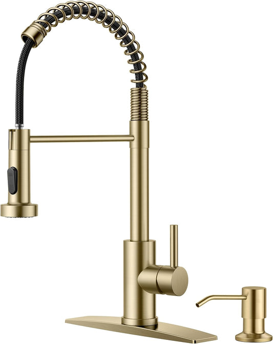 FORIOUS Kitchen Faucet with Soap Dispenser, Gold Stainless Steel Spring Sink Faucet with Pull Down Sprayer Transitional Single Handle for Pot Filler, Farmhouse Camper Bar Laundry Room