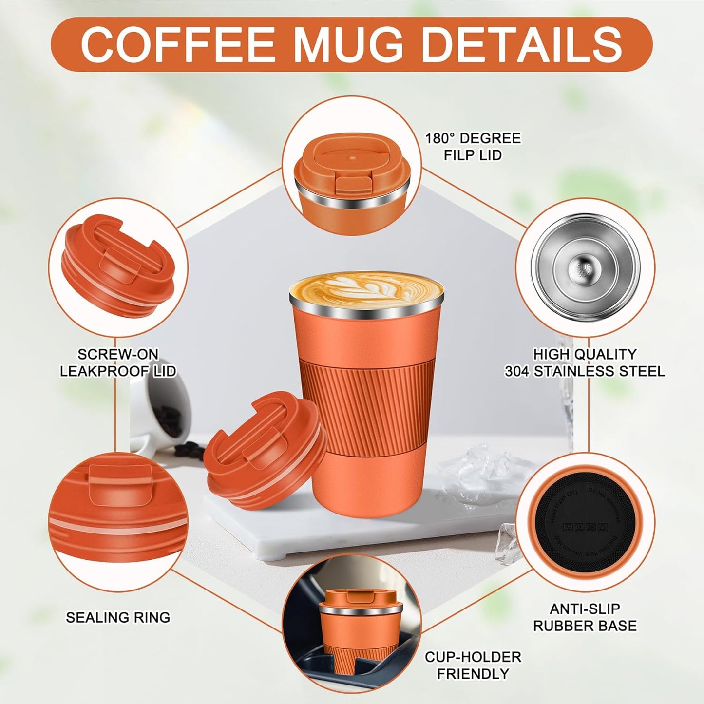 Coffee Travel Mug 12oz Insulated Coffee Mug with Lid Portable Spill-Proof Coffee Mug No Handle Reusable Stainless Steel Cup Keeps Cold and Hot Suitable for Car, Daily, Travel and Gifts
