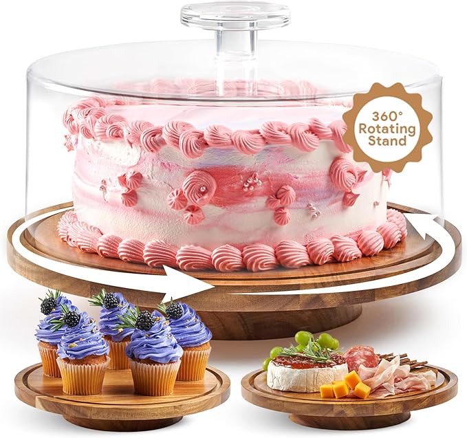 Rotating Cake Stand With Lid - 12 Inch Round Cake Holder with Cover, 4” Tall, Acacia Wood Spinning Cake Turntable for Decorating, Display and Serving Platter, Acrylic Cake Dome, No Glass