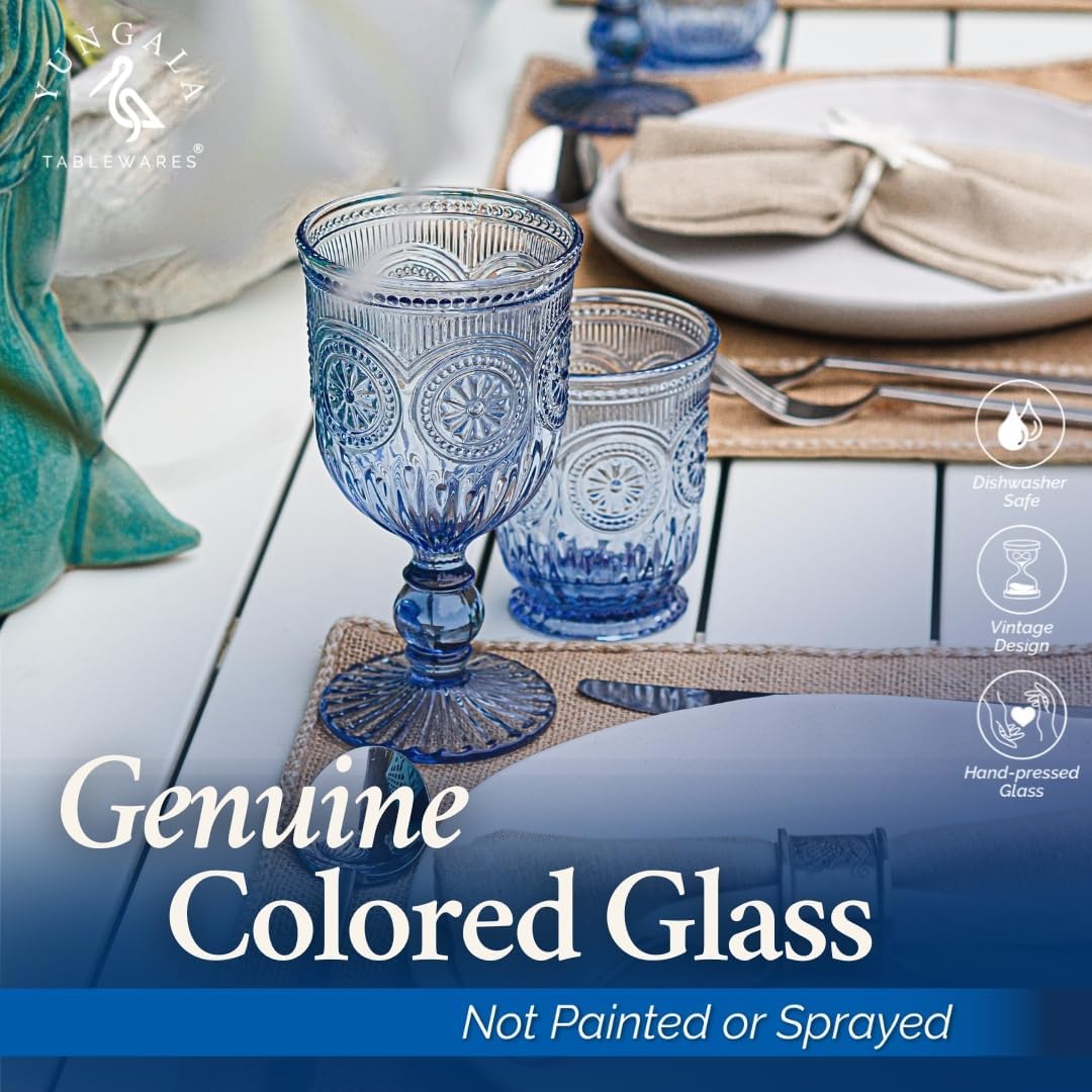 Yungala Blue Glassware set of 6 small dishwasher safe colored glasses, Blue glass cups, matching highball and wine glasses available