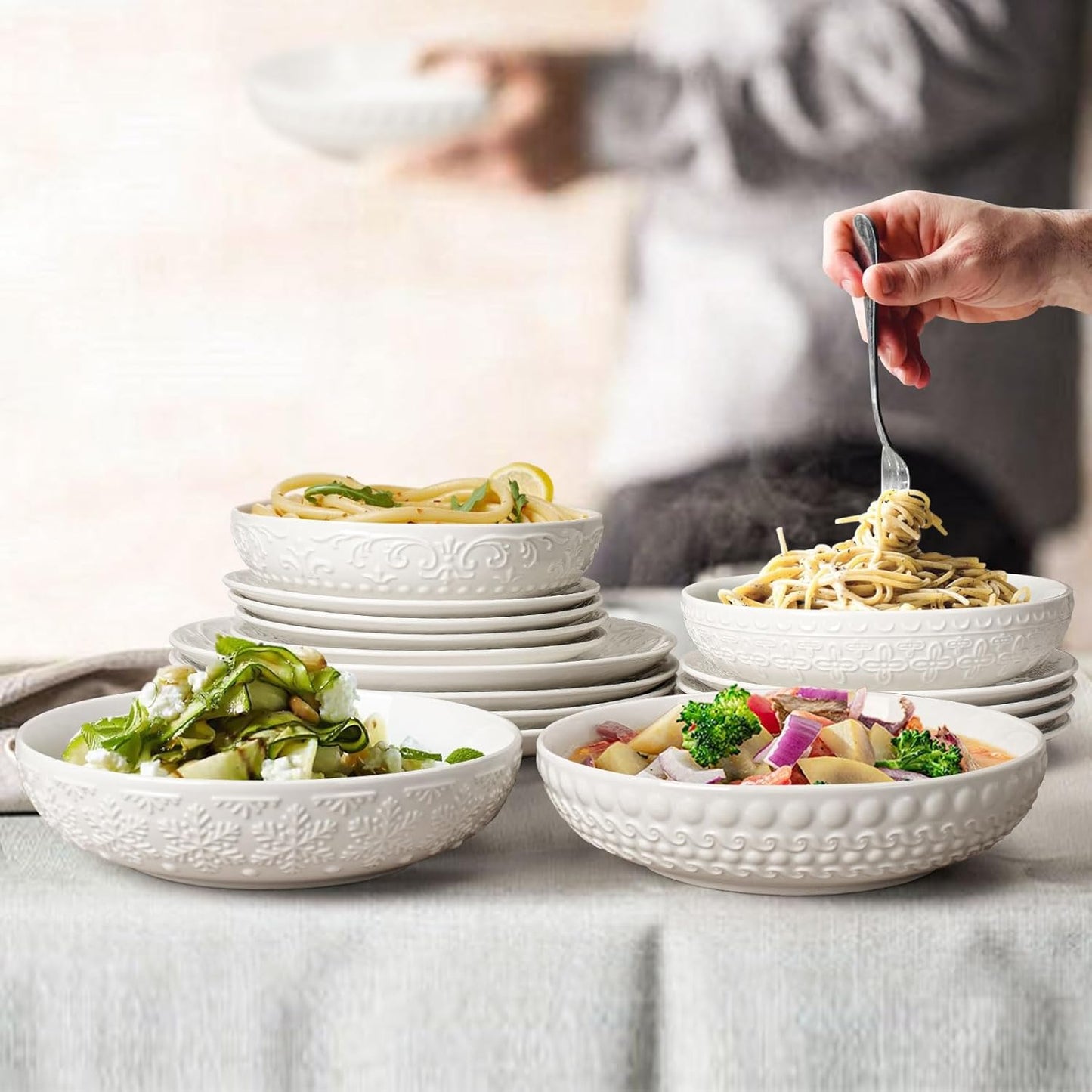 Pasta Bowls, 32oz Salad Bowls Set of 4, White Ceramic Soup Bowls 8 Inch Embossment Large Serving Bowl Wide and Shallow Bowls for Kitchen, Microwave & Dishwasher Safe (Auspicious Clouds)
