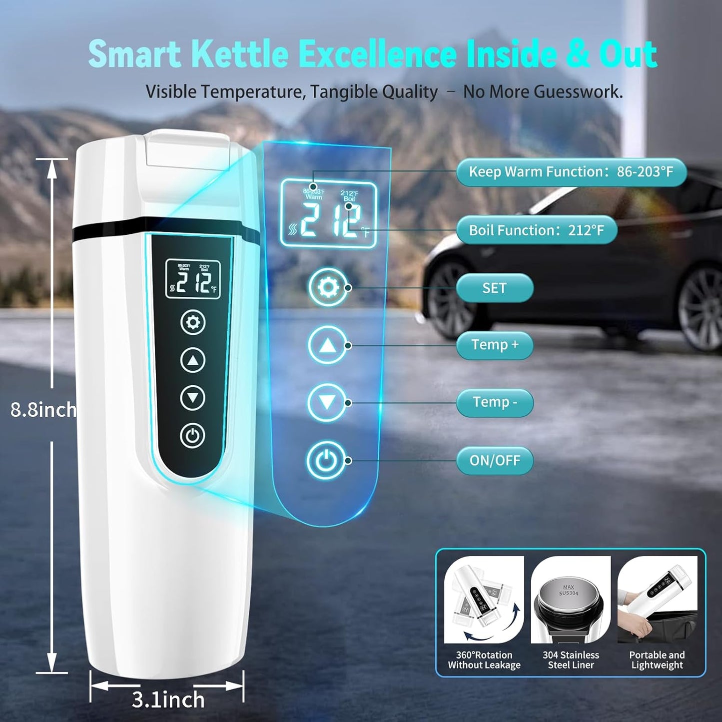 Car Electric Kettle for Travel : FVPE 12V/24V Small Electric Water Kettle, Multi-Temp Control 400 mL Portable Car Water Boiler for Brewing Coffee Tea,LCD Display 304 Stainless Steel Truck Heating Cup