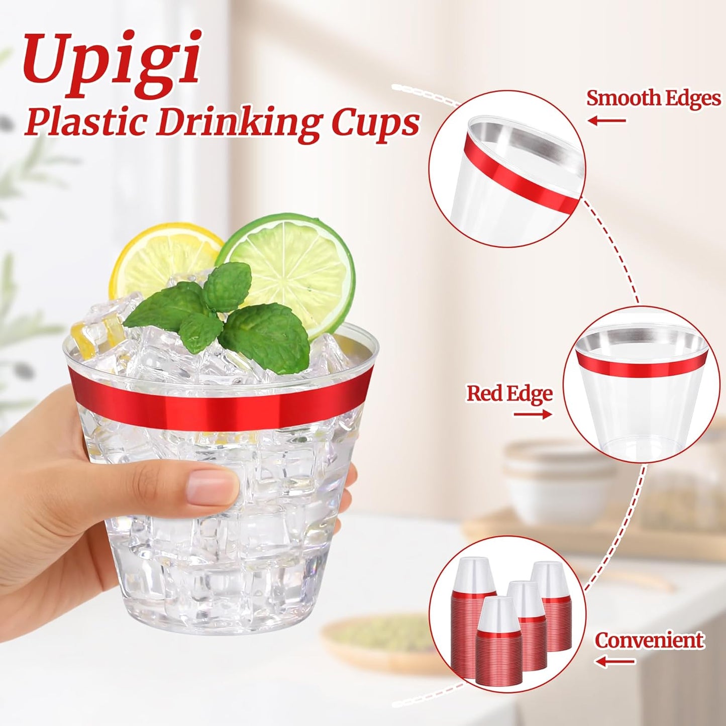 120 Pcs Red Plastic Cups,9Oz Red Rimmed Plastic Cups,Heavy Duty Clear Disposable Plasitc Cocktail Tumblers Wine Cup for Party,Wedding,Birthday,Christmas