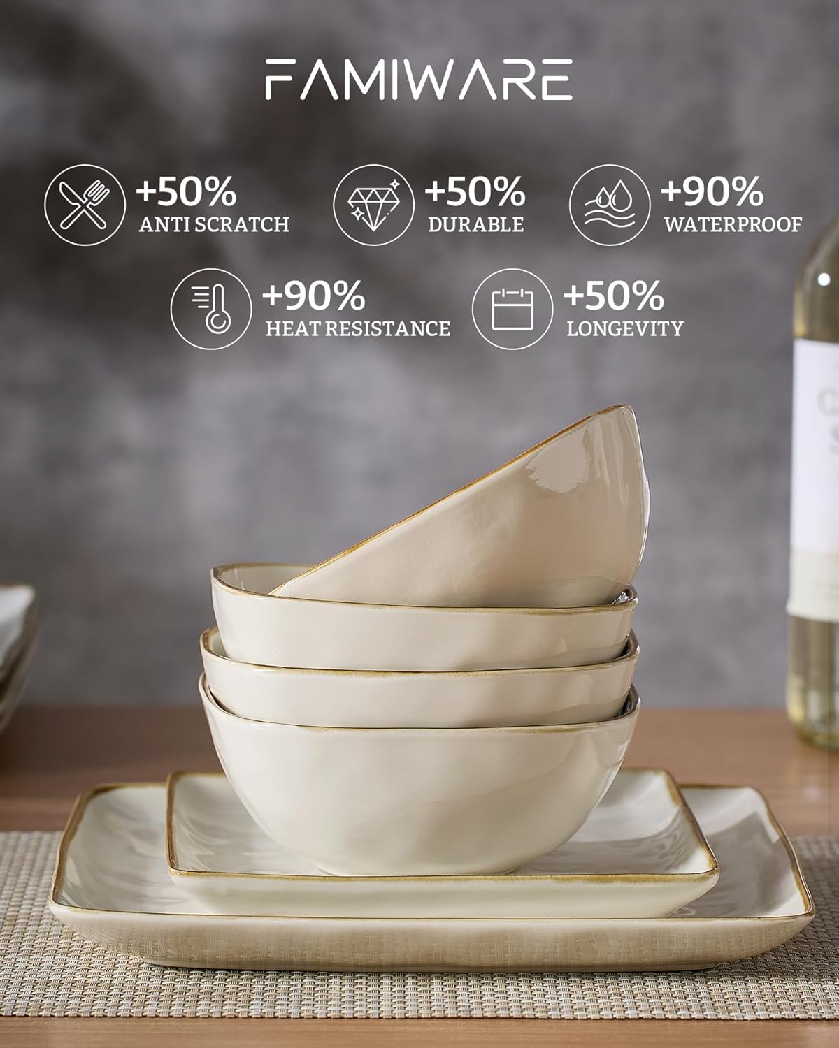 Famiware Ocean Square Plates and Bowls Set, 18 Pieces Dinnerware Sets, Dishes Set for 6, Microwave and Dishwasher Safe, Scratch Resistant, Vanilla White