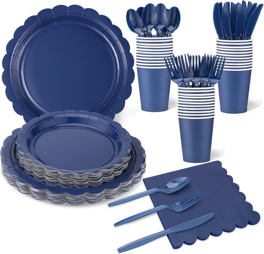 175 Pcs Navy Blue Plates and Napkins, 25 Guest Navy Blue Party Supplies Inlcudes Scalloped Plates Napkins Cups Plastic Cutlery for Birthday, Wedding, Picnic
