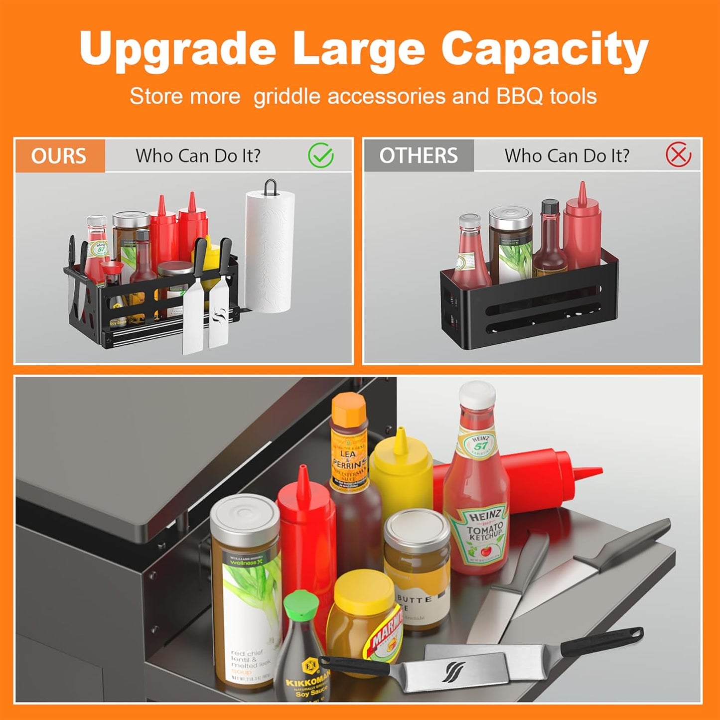 Griddle Caddy for Blackstone Griddles 28"/36"/Prep Cart, Blackstone Caddy with Squeeze Bottle, Blackstone Griddle Accessories Space Saver, BBQ Grill Storage Organizer with Magnetic Tool Holder