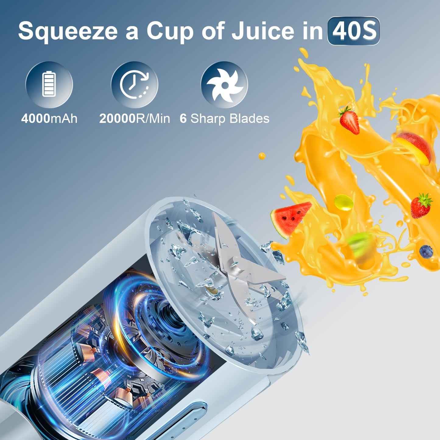 Personal Portable Blender - 16 Oz Mini Cup with 6 Blades, USB Rechargeable - Perfect for Shakes, Smoothies and Juice - Compact Blender for Travel, Gym, Kitchen and Office