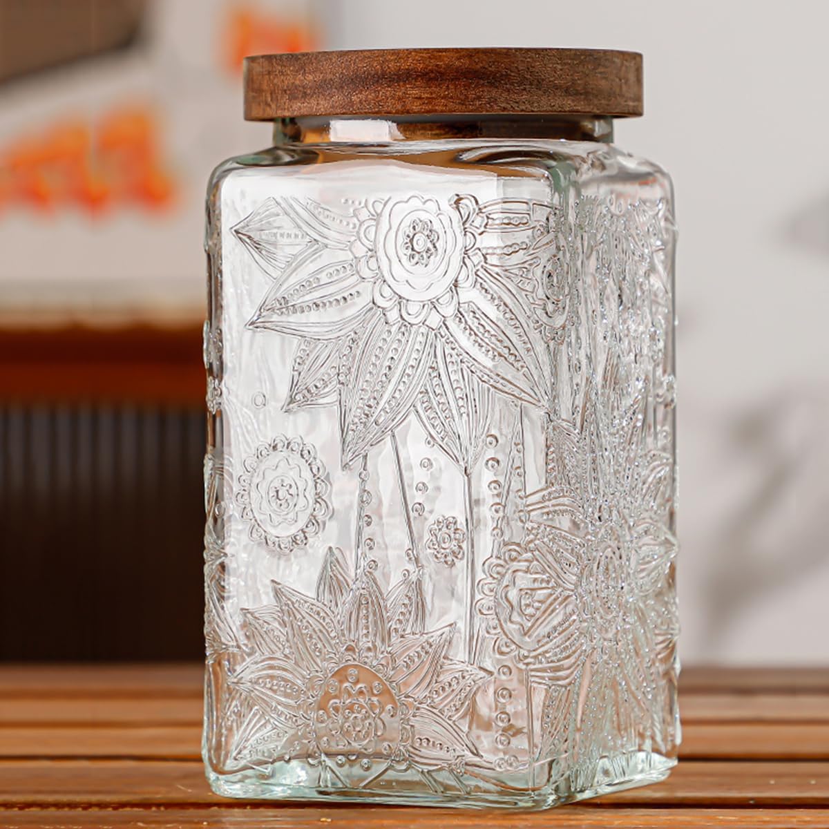 ANSQU Vintage Glass Storage Jar, 34oz Glass Canister Storage Jar Container with Airtight Wooden Lid for Kitchen Counter, Pantry, Coffee, Tea, Sugar, Cookie Jars (Square-Sunflower)