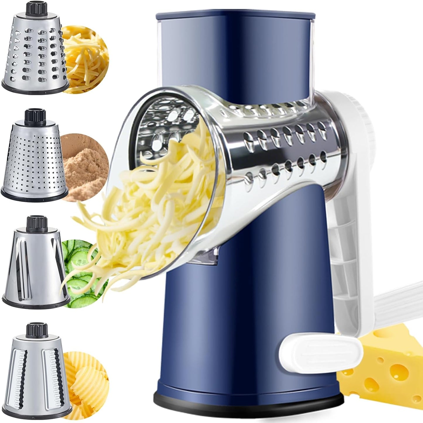 VEKAYA Cheese Grater, Cheese Grater Hand Crank, 4 Interchangeable Blades Cheese Shredder, Vegetable Slicer, Non-slip Suction Base, Easy to Clean Rotary Grater with Handle (Blue)