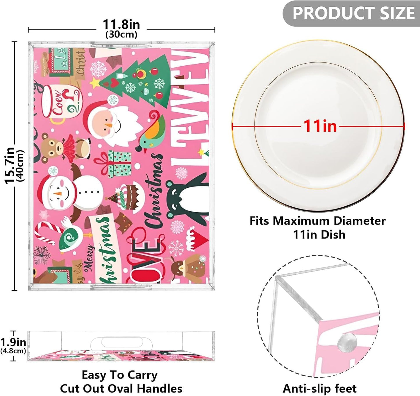 Christmas Patterns 3 Plastic Food Serving Tray Decorative Vanity Trays for Bathroom Coffee Table Kitchen Counter 11.8 * 15.7in