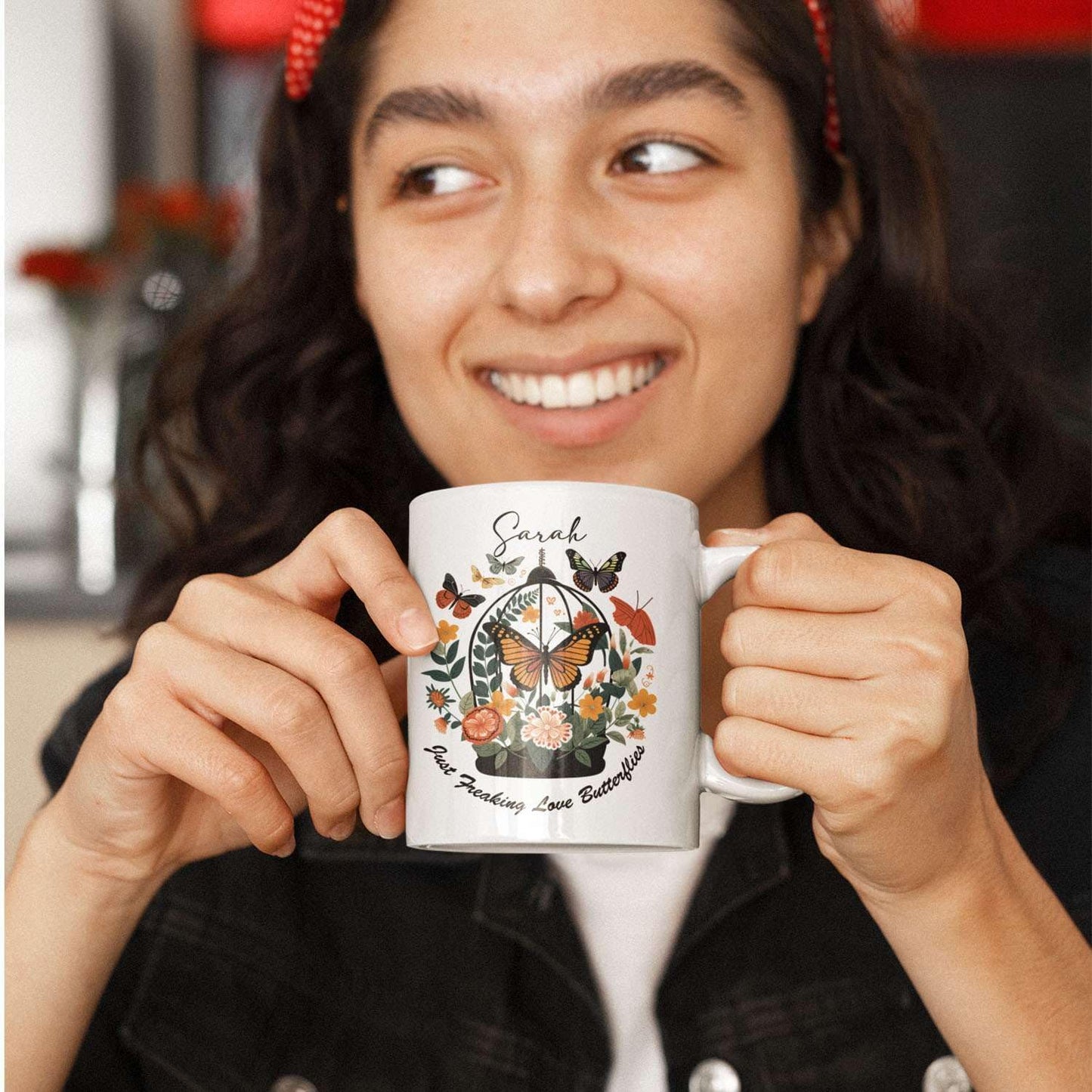 Personalized Name Just Freaking Love Butterflies Travel Mugs, Customized Colorful Butterfly Lovers Ceramic Presents Cups, Custom Great Birthday Animal Tea Cup Gift 11oz 15oz