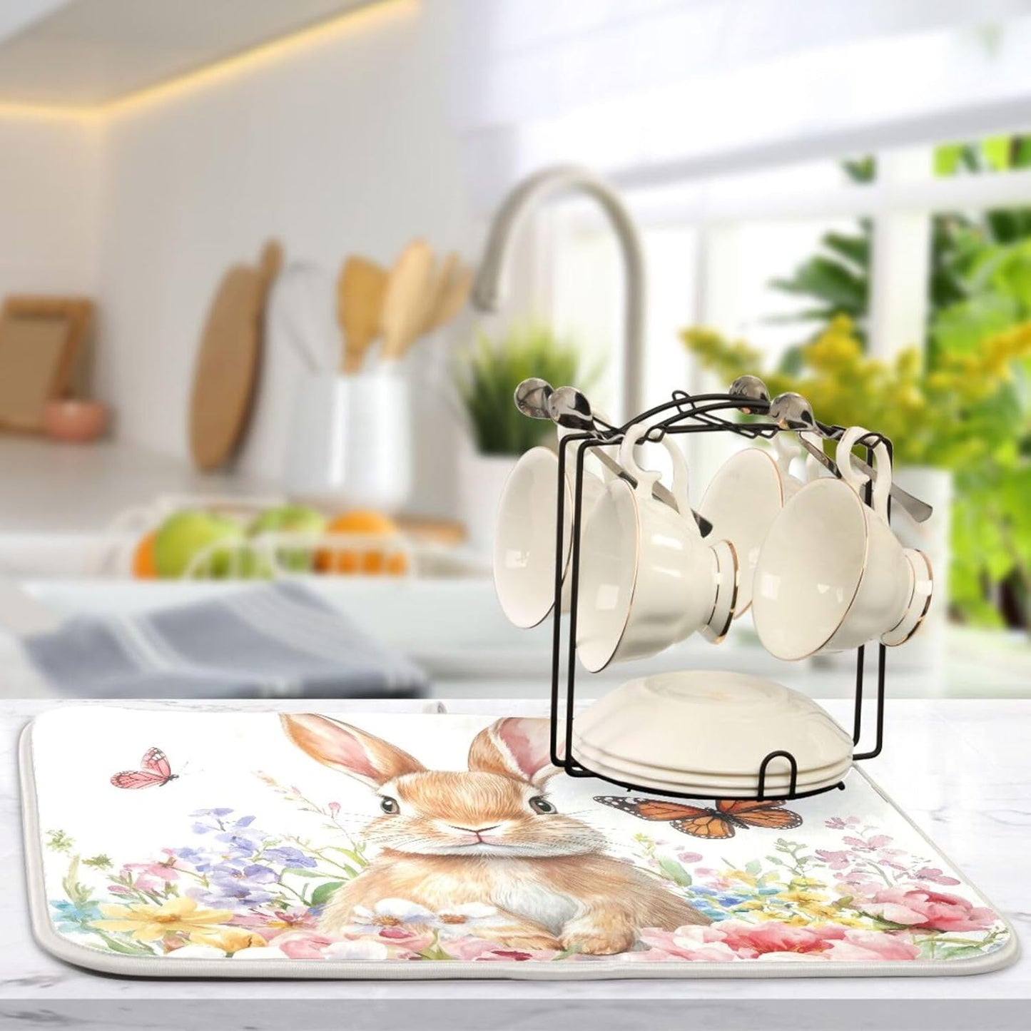 Cute Bunny and Blooming Flowers Dish Drying Mat Super Absorbent Drying Mat 16x18 inch Large Dish Drying Mats for Kitchen Counter Dish Drying Pads Kitchen Drying Matt for Countertop