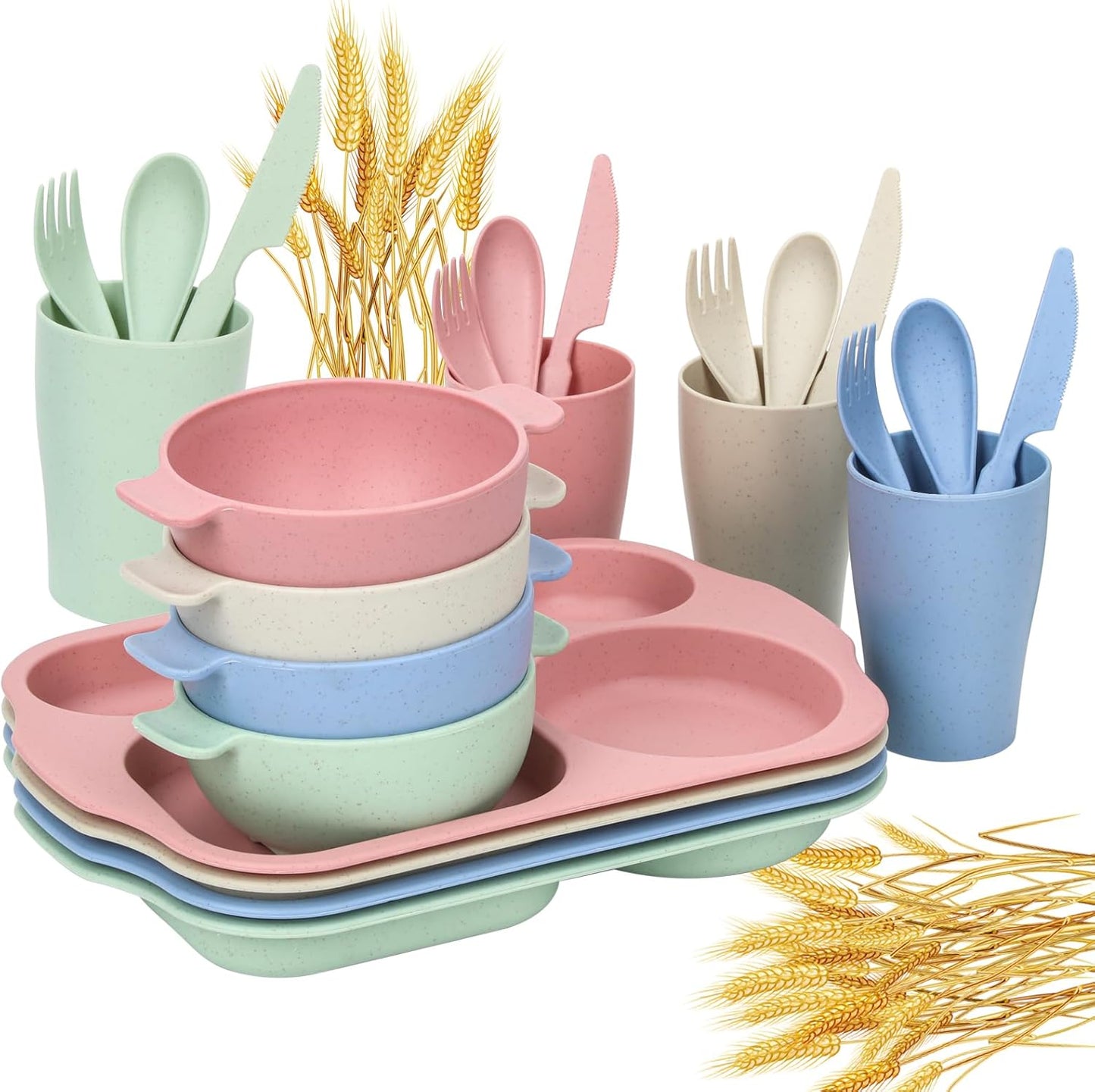 24 PCS Wheat Straw Dinnerware Set for Kids Toddler Plate Bowl Cup Sets Unbreakable BPA-Free Tableware Set with Divided Plate Microwave Dishwasher Safe Perfect for Home School Picnics