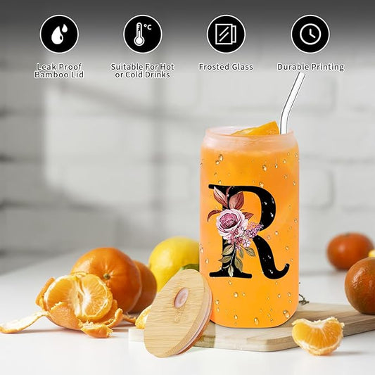 Monogrammed Glass Drinking Cup With Lid Straw Women Happy Birthday Christmas Xmas Day Holiday Gift for Female Boss Teacher Aunt Big Small Sister in Law Mother Stepmother Weding Groom Bride Officiant,R