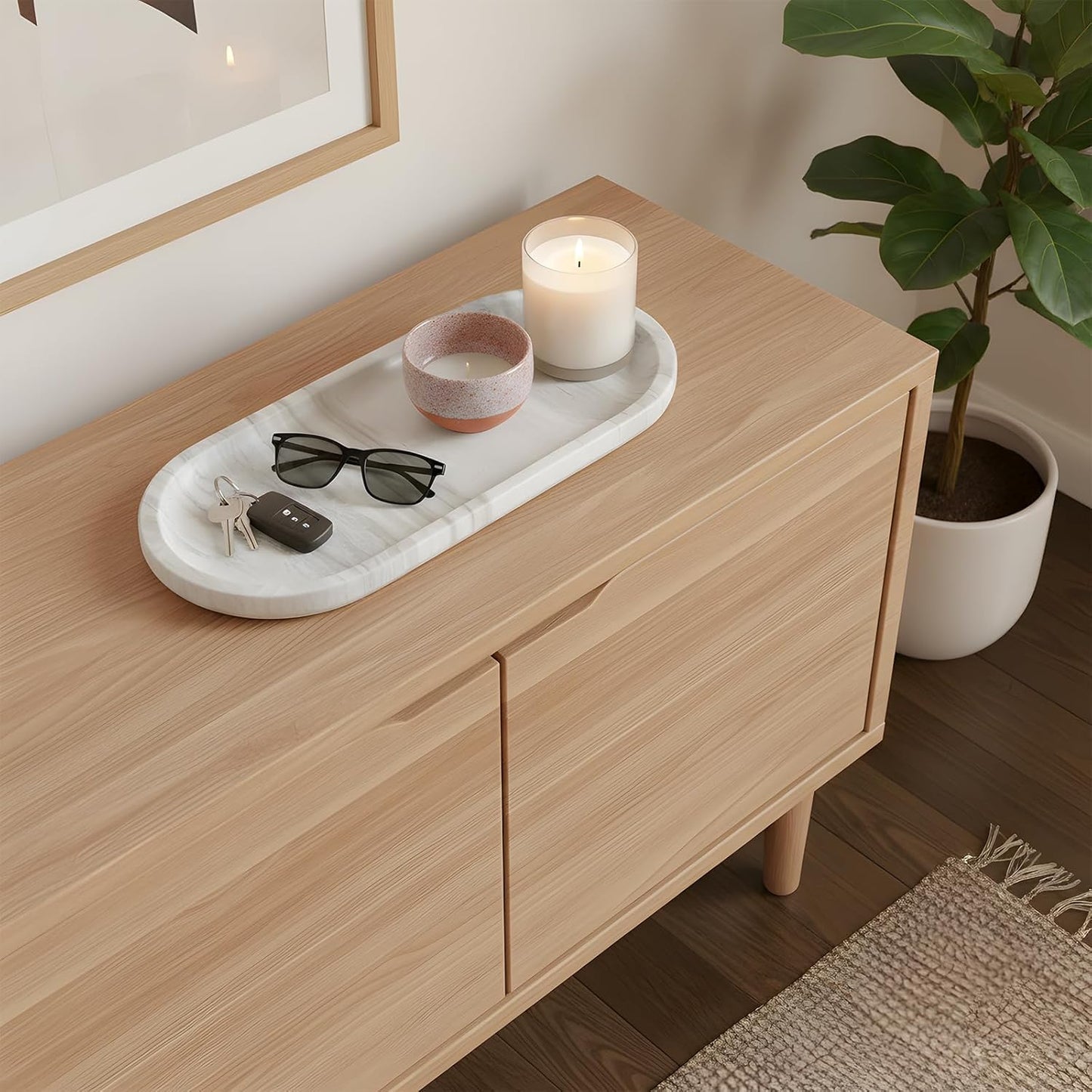 Natural Marble Tray, Stone Vanity Tray for Bathroom & Kitchen Countertop - Organizer for Perfume, Jewelry, Cosmetics 12x6 Inch,Light Wood Grain