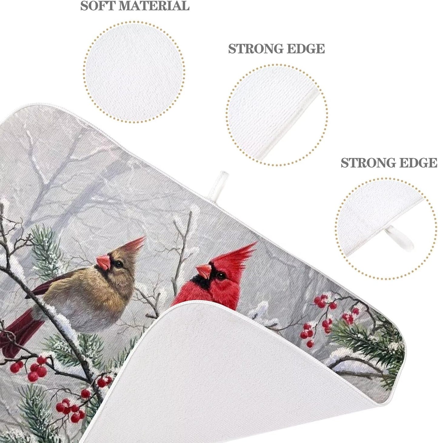 Winter Cardinal Bird Dish Drying Mat 18 x 24 inch Winter Snow Red Birds Pine Trees Decorative Drying Mats Microfiber Absorbent Holiday Dish Washable Draining Mat for Kitchen Counter Decor